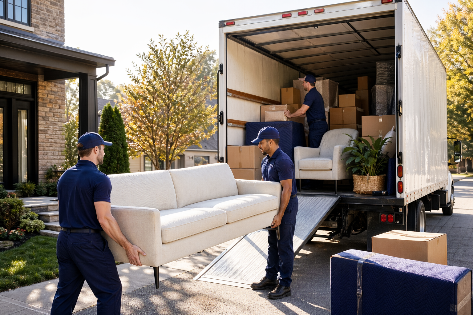 Professional movers loading furniture into a moving truck