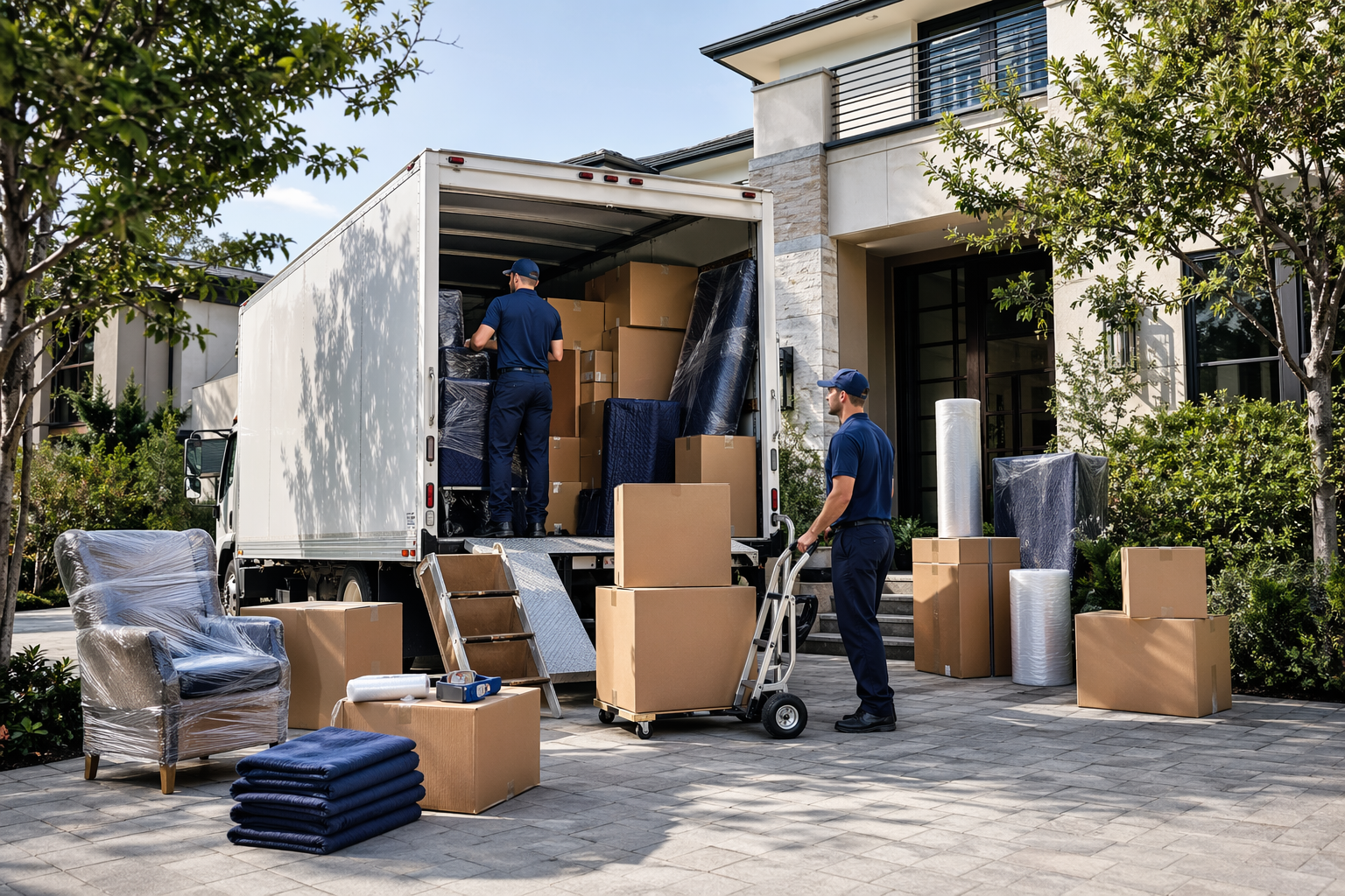 Moving truck and movers outside a home with boxes and wrapped furniture
